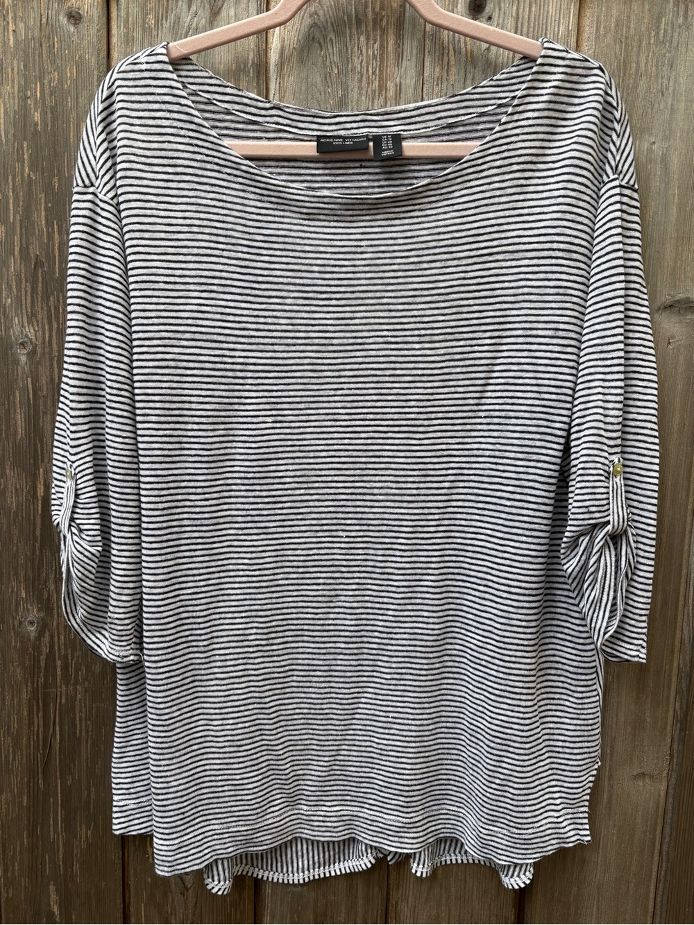 Adrienne Vittadini Linen Stripe Boat Neck Tunic Blouse Size XL Roll Tab Sleeves